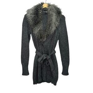 Esprit Faux Fur Collar Wrap Grey Knit Cardigan Belted Size Small